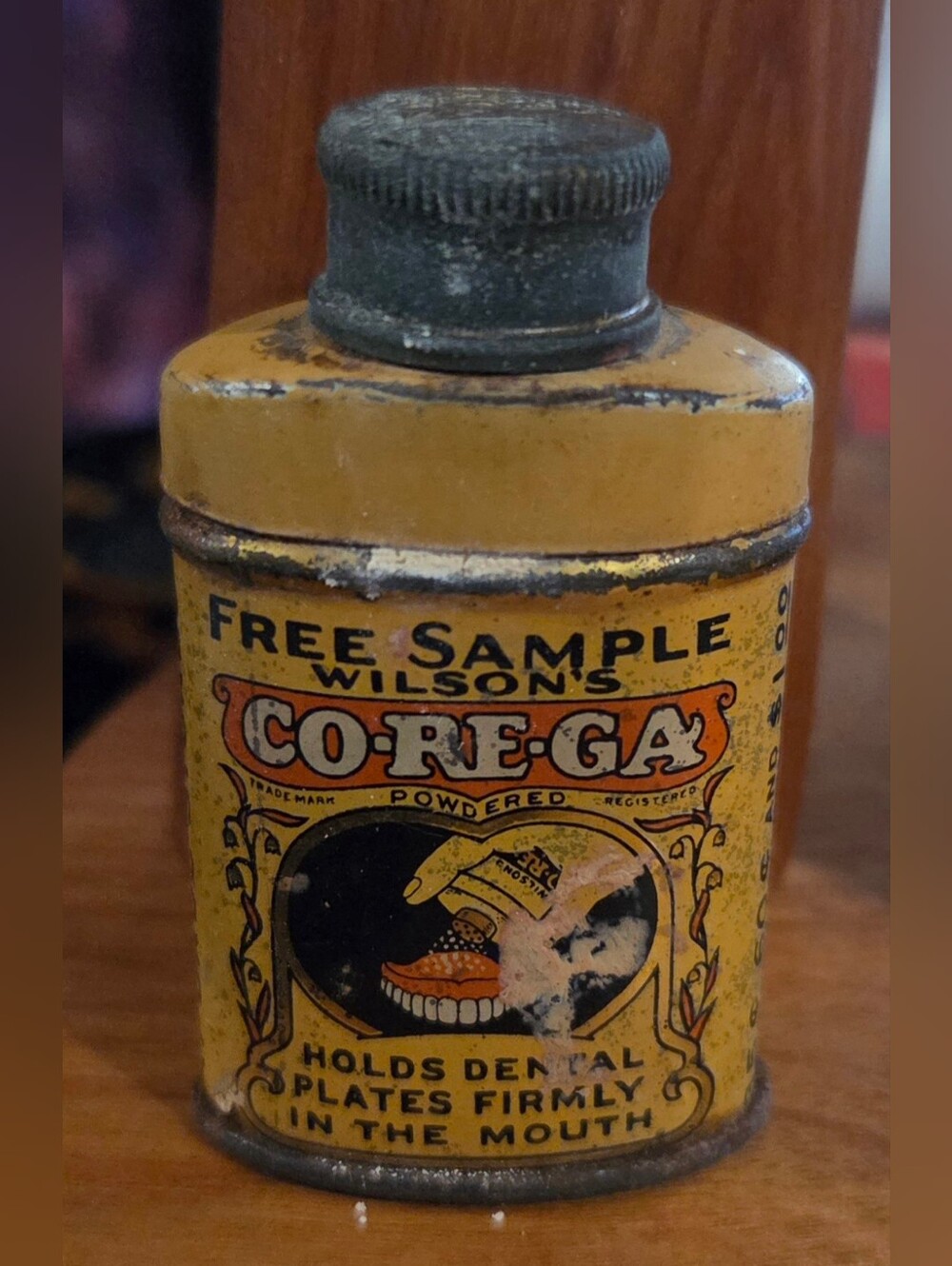 Vintage Wilson Co-RegA Denture Powder Tin in Yellow and Black